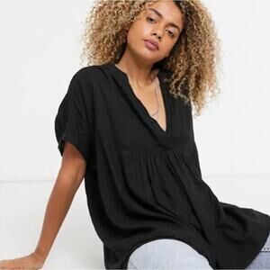 Free People Womens XS Black Getaway With Me Oversized Boho Tunic Blouse Top